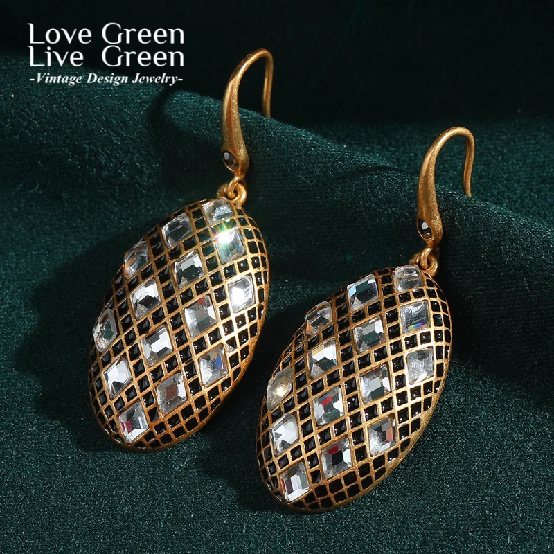 

Vintage Jewelry Grid Olive Drop Earrings Black White Zircon Wedding Luxury Oval Luxury Designer Antique Gold Color For Woman