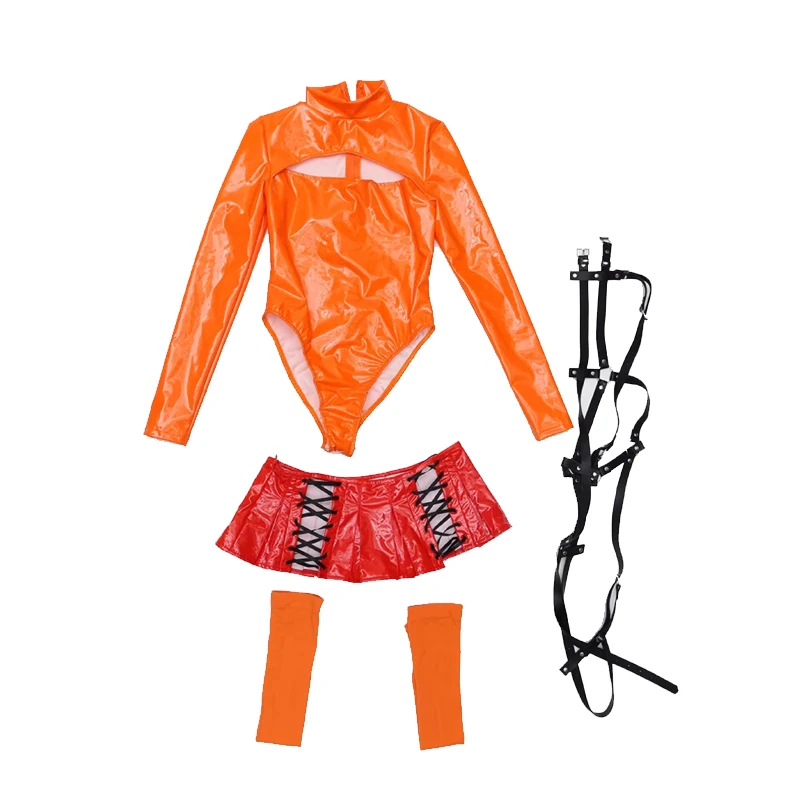 Anime Velma Seragam Cosplay Costume Women Sexy Leather Open Chest Bodysuit Skirt Socks Outfits Halloween Carnival Party Clothes