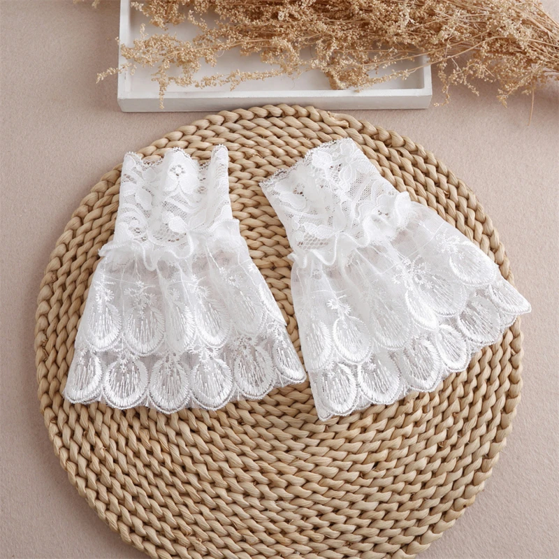 DIY Detachable Cuffs Cotton Embroidery with Lace Mesh Fake Flared Sleeves Women Pleated Flare Sleeve Ruffles Wristband Accessory