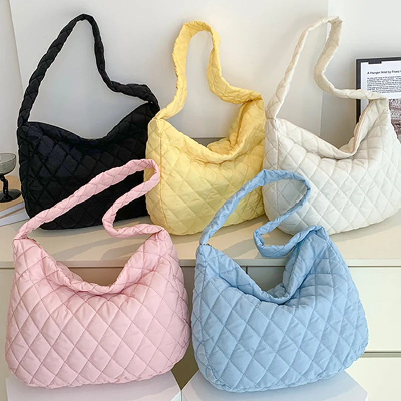 

Women's Shoulder Bag Folds Rhombus Embroidery Thread Underarm Bag Soft Female Lady Winter Solid Color Cloud Quilted Shoulder Bag