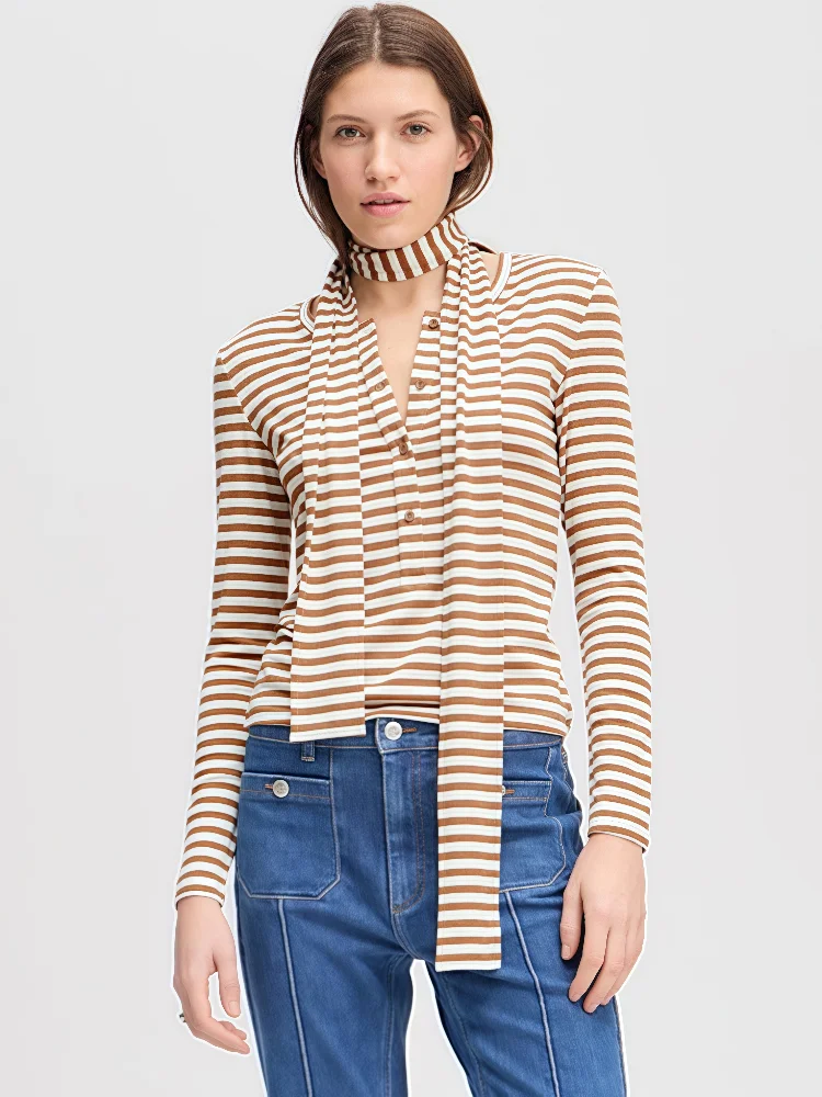 

Absobe Women Autumn New Striped Long Sleeve Crop Top Scarf Crew Neck Versatile Fashion Casual Buttons T-shirt Stylish Streetwear