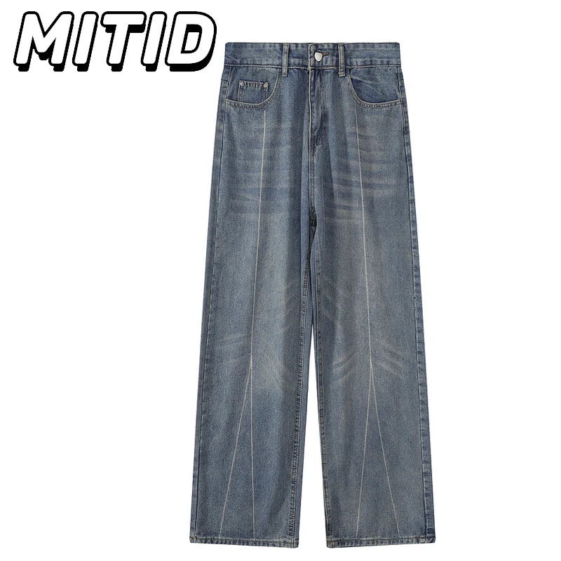 

American Retro Denim Pants Men Washed Distressed Blue/Black Jeans For Men Casual Straight Wide Leg Pants Denim Trousers Men