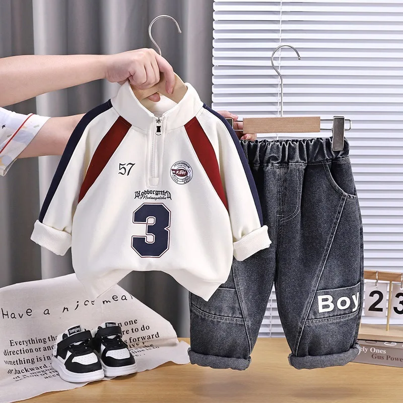 Boys Outfit Set 2026 New Spring Autumn Baby Boy Clothes 0-5 Years Sporty Letter Half Zipper Sweatshirt and Pants Children's Suit