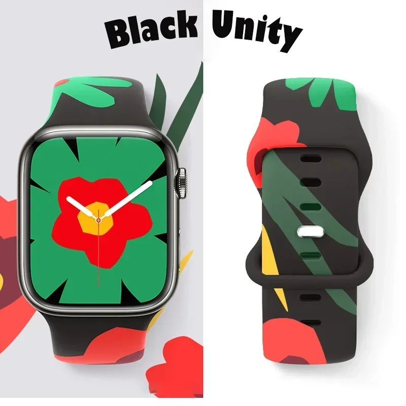 Black Unity Band For Apple Watch strap 44mm 45mm 41mm 40mm Ultra 2 49mm Printed silicone bracelet iWatch Series 9 8 SE 7 6 5 4 3