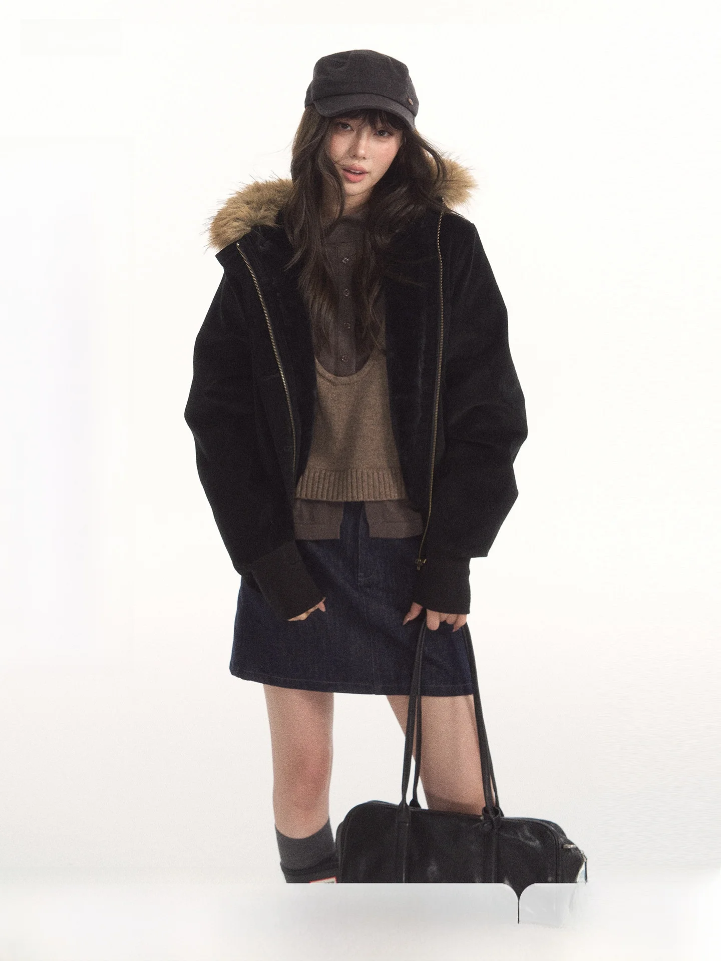 7Shiftin Original Design Retro Korean Style Corduroy Hooded Jacket Removable  Fur Collar Casual Short Coat for Women