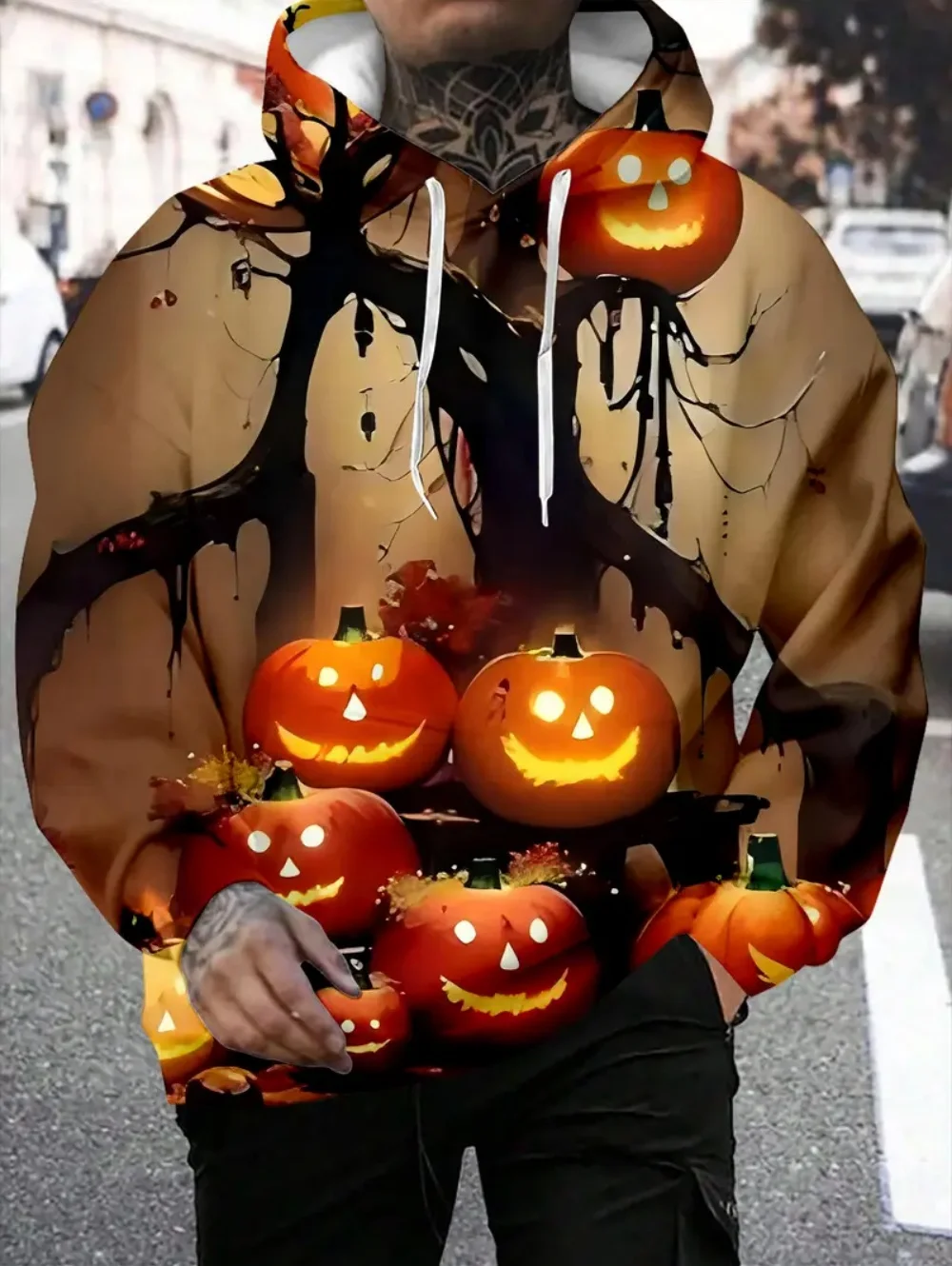 Halloween Men Sweatshirts Long Sleeve Pumpkin Print Hoodie for Man Casual Streetwear Pullover Y2k Clothes Vintage Male Clothing