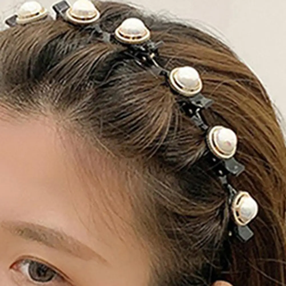 Shining Rhinestone Hair Clasp Faux Pearls Women Headband Non-slip Elastic Double Layer Bangs Clips Hair Hoop Hair Accessories