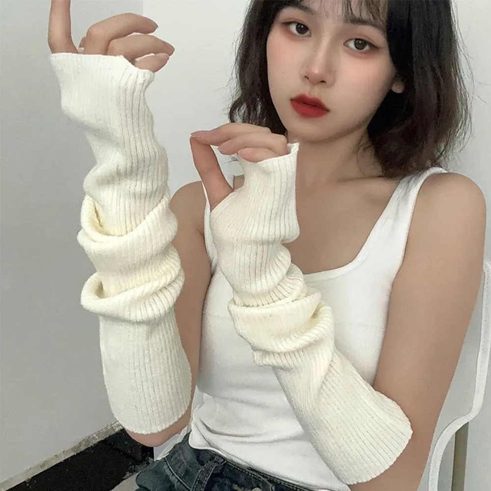 Y2K Women Knitted Arm Warmer Long Fingerless Gloves Mitten Winter Solid Color Arm Sleeve Fashion Casual Soft Girls Punk Gloves