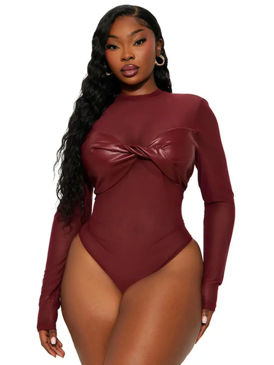 Sexy reine Farbe PU-Leder lang Sve J25BS353 Damen Herbst Outfit T-Shirt Ratels Anzug mit hoher Taille Polyesterstoff