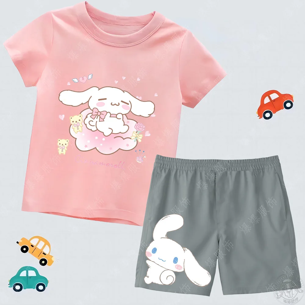 Sanrio Kawaii Children's Clothing Summer beach pants + Tops short sleeve set 2d Cinnamon dog print round neck casual T-shirt set