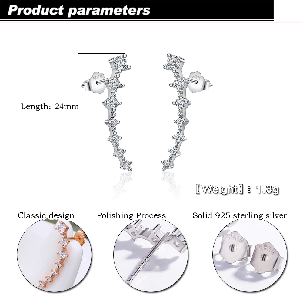 925 Sterling Silver Cubic Zircon Ear Crawle Earrings For Women Seven Star Ear Stud Earrings Intricately Designed Ear Accessories