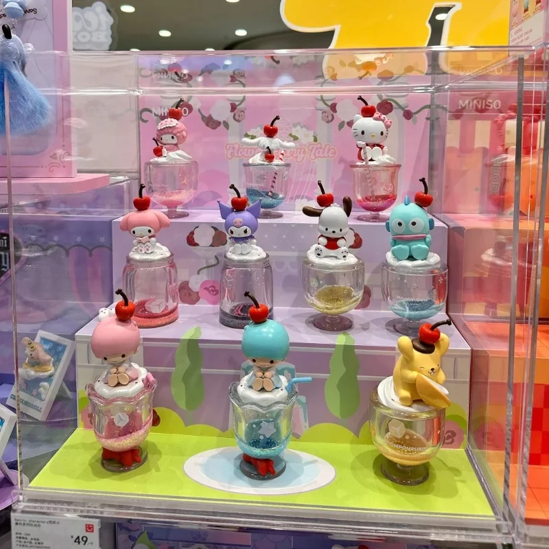 صندوق أعمى جديد من سلسلة مشروبات خاصة ملونة من Miniso Sanrio، تمثال Hello Kitty and Melody، لعبة تزيين الطاولة