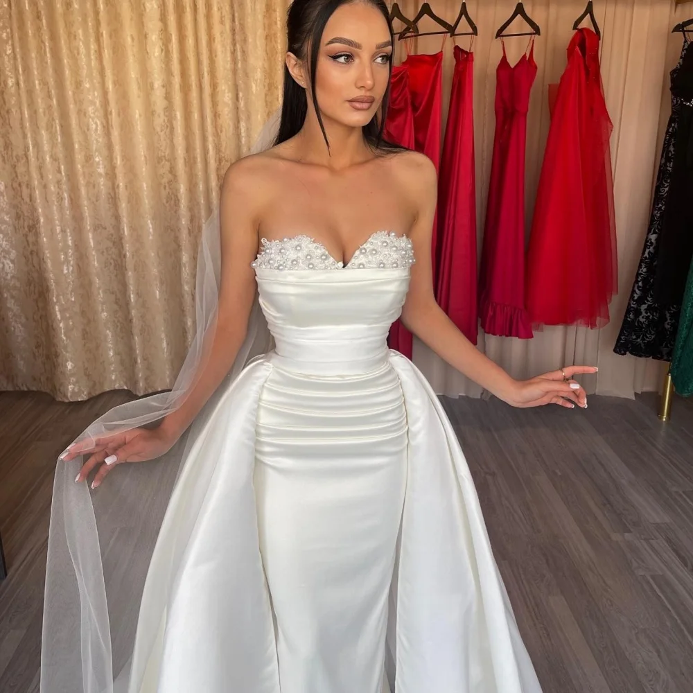 Amanda Customized White Pearls Strapless Veil Party Dress Satin vestidos para mujer A-line Floor-Length Wedding Dresses 2024