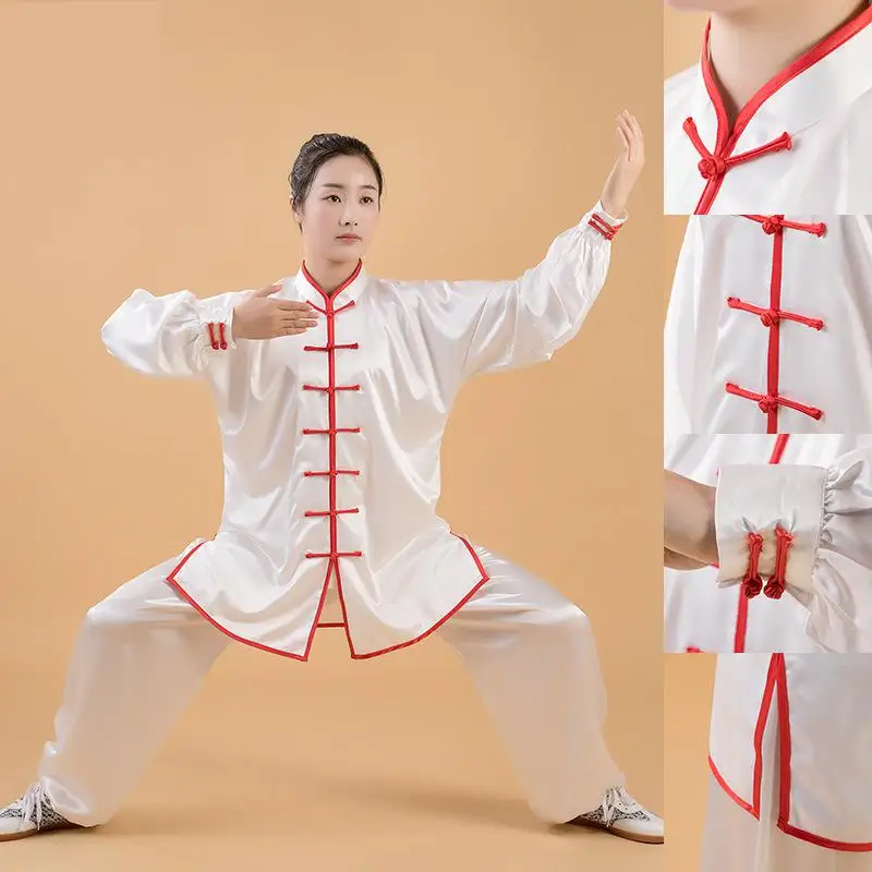 Women Silk Satin Yaga Tai Chi Suit Female Chinese Style Stand Collar Kung Fu Wushu Martial Arts Uniform Performance Jacket Pants