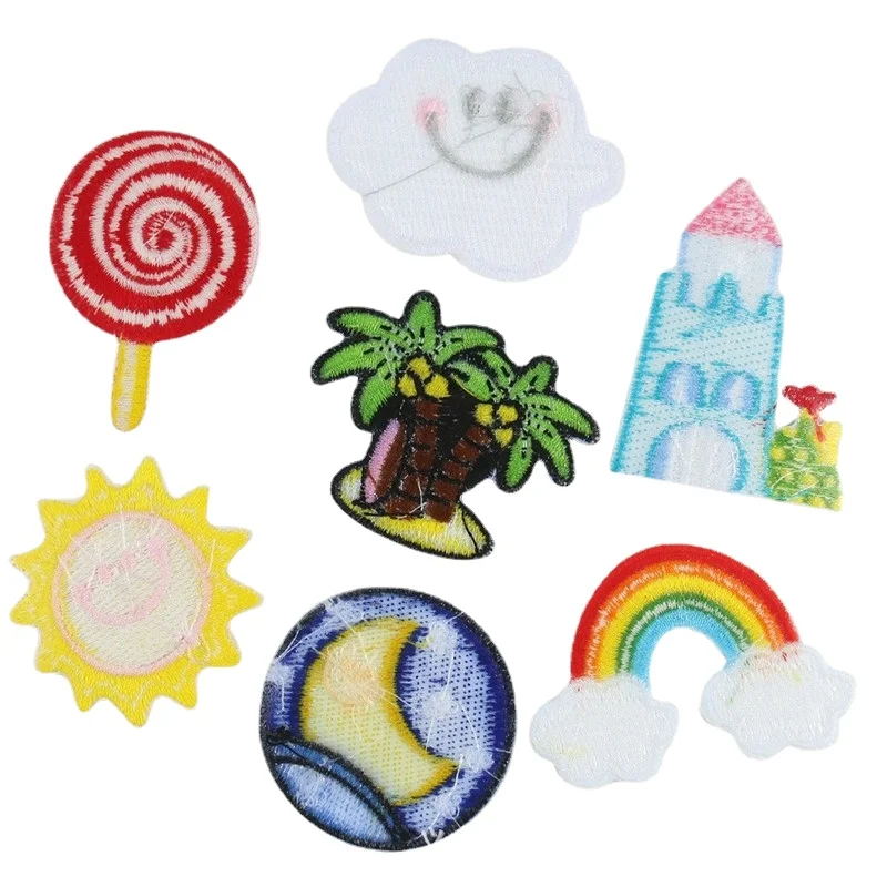 30pcs/Lot Luxury Fun Embroidery Patch Sun Rainbow Castle Lollipop Coconut Shirt Clothing Decoration Accessory Craft Diy Applique