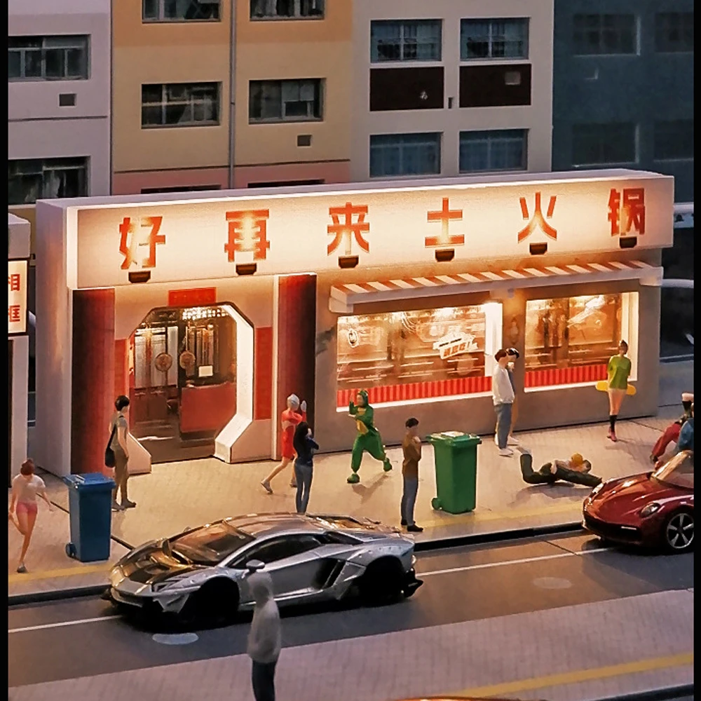 1:64 Scale Miniature Urban Street Scene Diorama with LED Lights - Realistic City Model Display, Collectible Home Decoration DIY