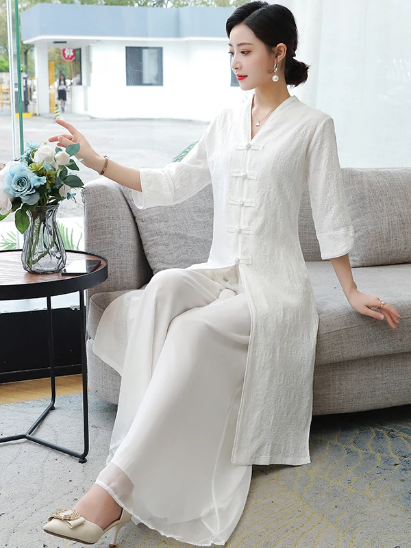 

Early Autumn Women's Tea Ceremony Zen Sle Embroidered Cotton Linen Set Buddhist Sle Hanfu High End Zen Clothing Pure Clothes