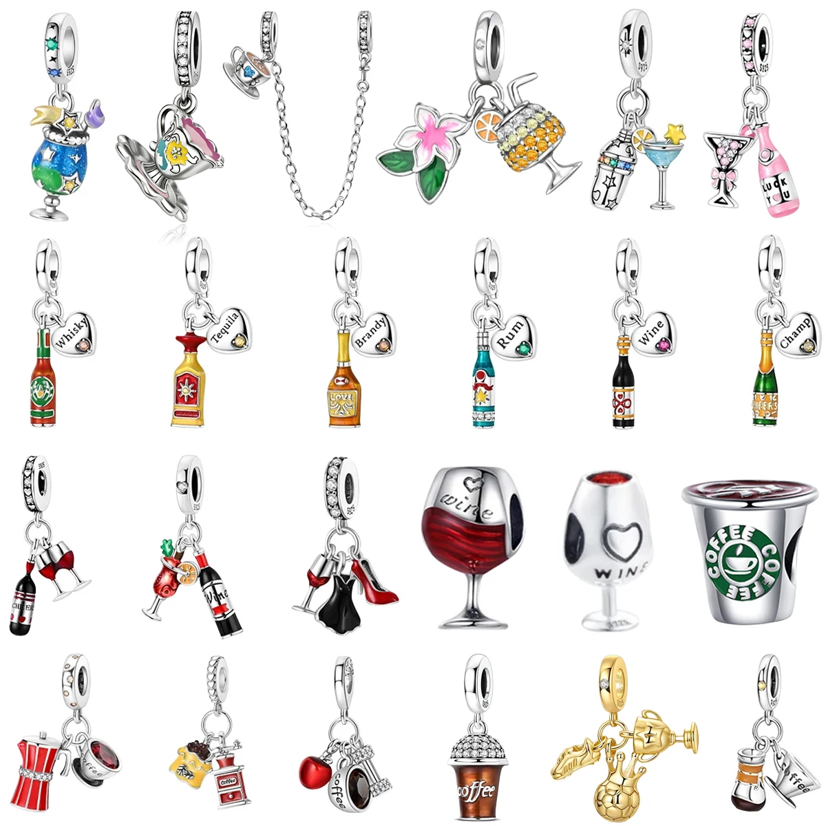Original 925 prata esterlina encantos grânulo vinho xícara de café uísque champanhe ajuste pulseira colar pingente mulher diy jóias presentes