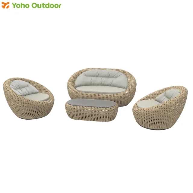 

4 Pcs Modern Outdoor Patio Dining Set Iron Frame Rattan Wicker Coffee Table & Chairs with Cushions Garden Sofa