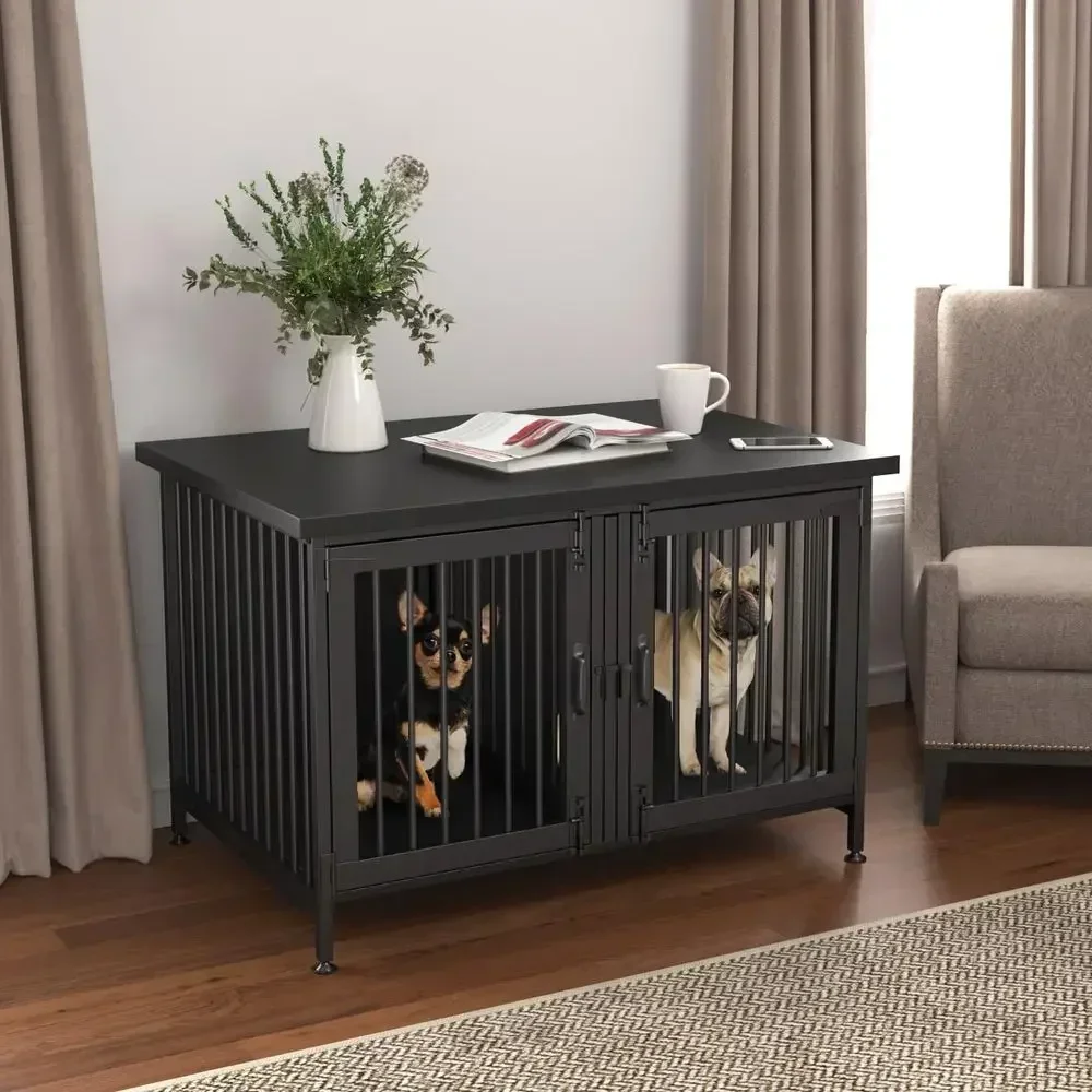 Double-Deck Dog Crate with Divider, 2-Section or Single Use, Stylish Indoor Cage, Black