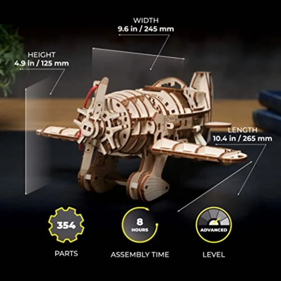 Wooden airplane model kit for display and hobby use, made of natural wood, brown color, with wind-up helical spring motor and v