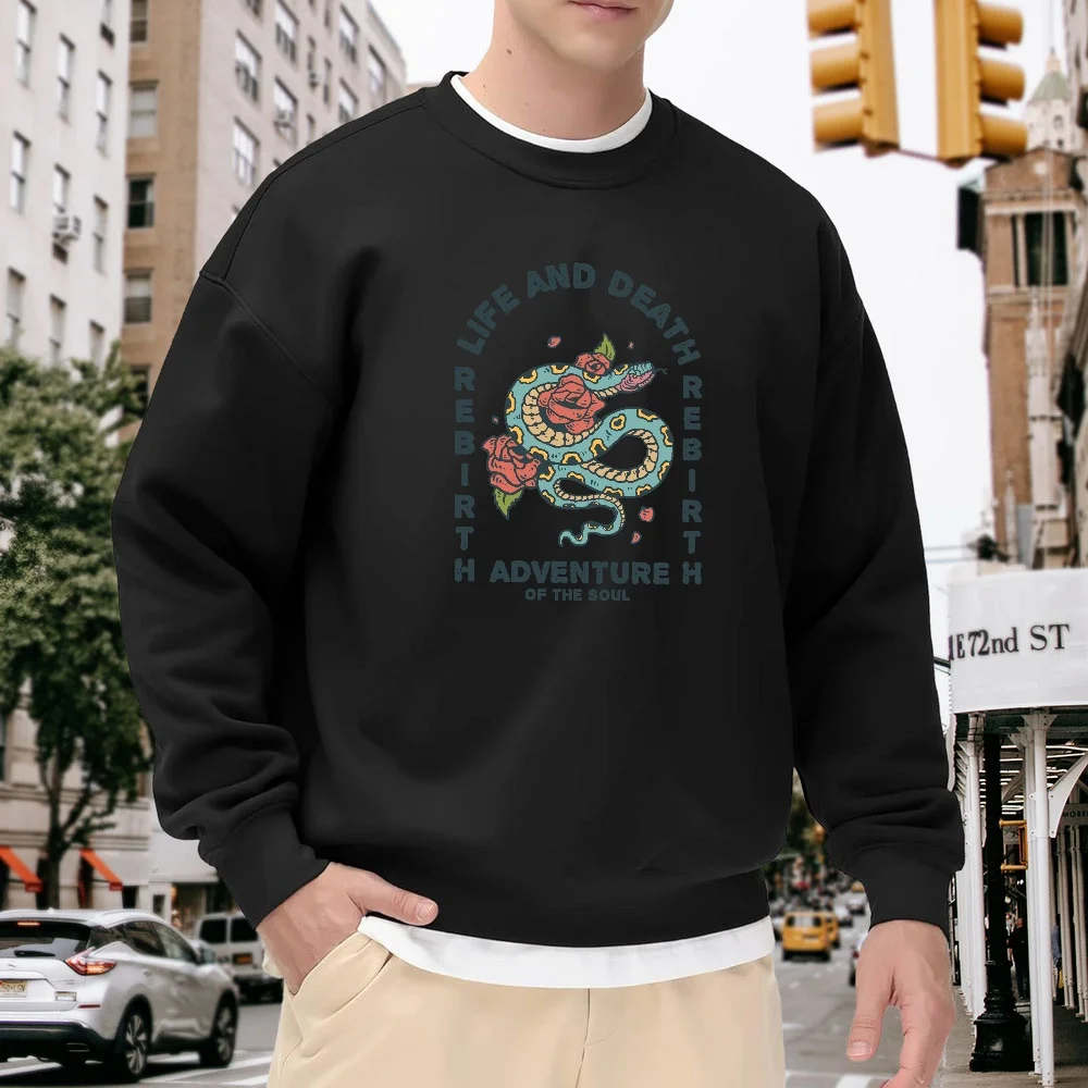 

Men's Black Crew Neck Loose Sweatshirt with Snake and Rose Letter Print, Street Fashion Casual Versatile Top, Comfortable and Breathable for Everyday Wear