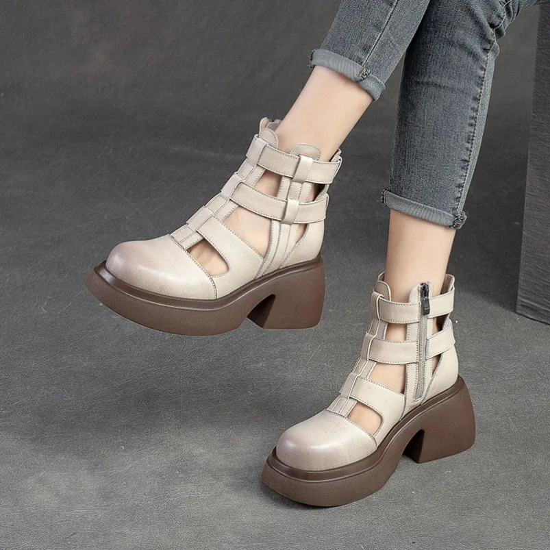 2025 النساء الصنادل أسافين الكعوب جلد طبيعي جولة تو الصيف موضة الإناث صنادل طراز جلاديتور أحذية منصة