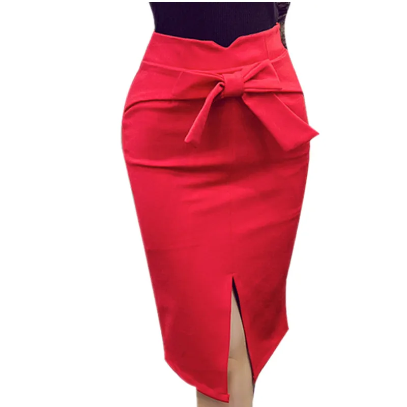 

Women Pencil Skirt Knee Length High Waist Elegant Open Slit Bow Skirt