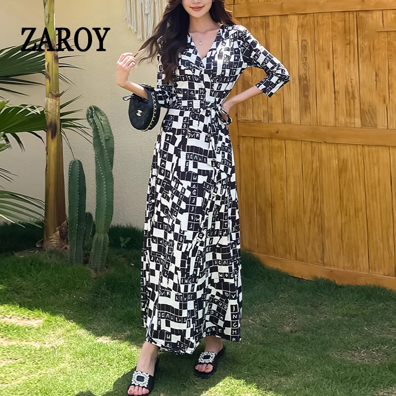 

ZAROY Vintage Print Women Wrap Long Dresses Sexy V Neck High Split Maxi Dress Casual Holiday Beach Dress Vestidos Para Mujer