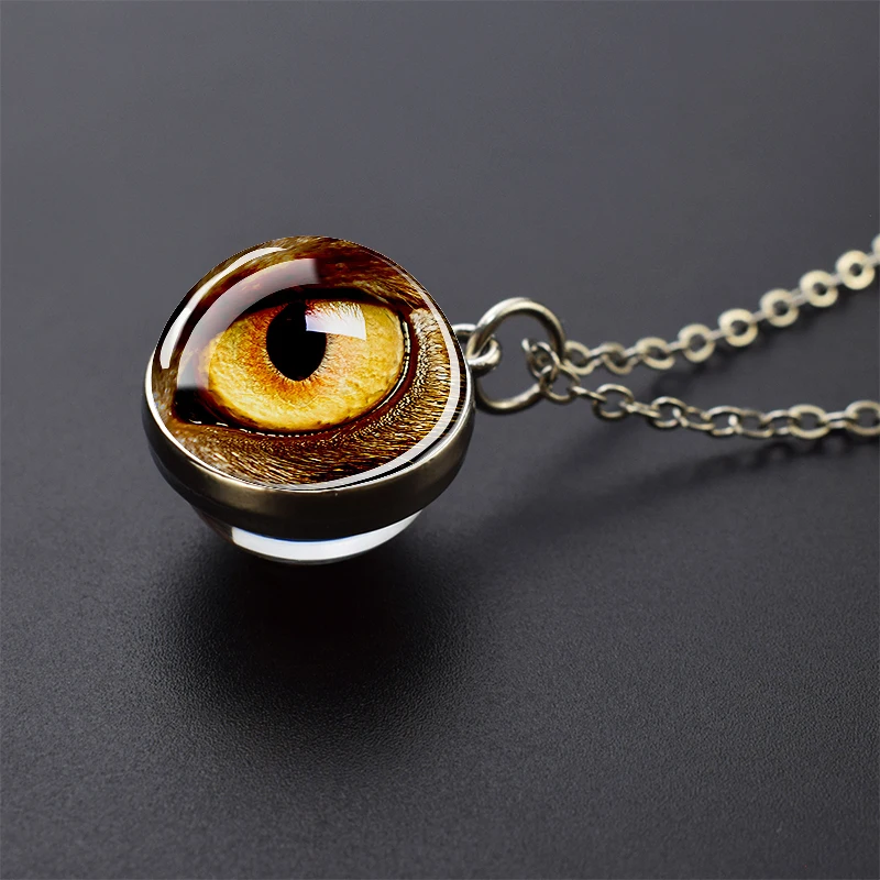 Animal Eyes Dragon Snake Owl Cat Tiger Eyes Glass Ball Necklace Handmade Pendant Silver Color Chain Necklace for Men Women