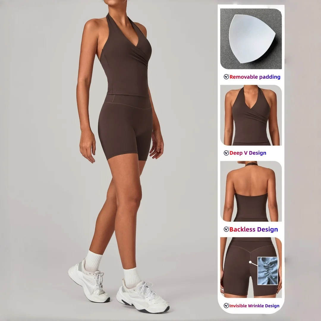 Conjunto de 2 piezas para mujer: Shorts de cintura alta con efecto levanta glúteos y top deportivo halter sin espalda para fitness, yoga, running y entrenamiento en el gimnasio.