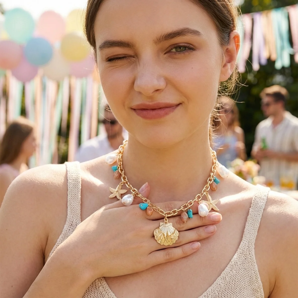 Sommerliche Muschel-Seestern-Imitationsperlen-Quasten-Anhänger-Halskette für Damen und Herren – Seepferdchen, Fisch, Muschel, Schildkröte, Delfin Choker-Schmuck – Detail 11