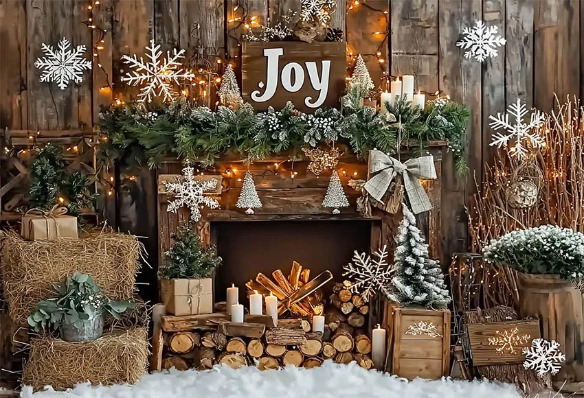 Mehofond Rustic Wooden Christmas Photography Backdrop Newborn Birthday Party Snowflakes Garlands Joy Hay Decor Photo Background