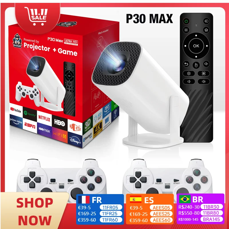 P30 Max Video Game Console Include 2 Wireless Game Controllers 3800 Games Support 4K 1080P Android11 Portable Projector