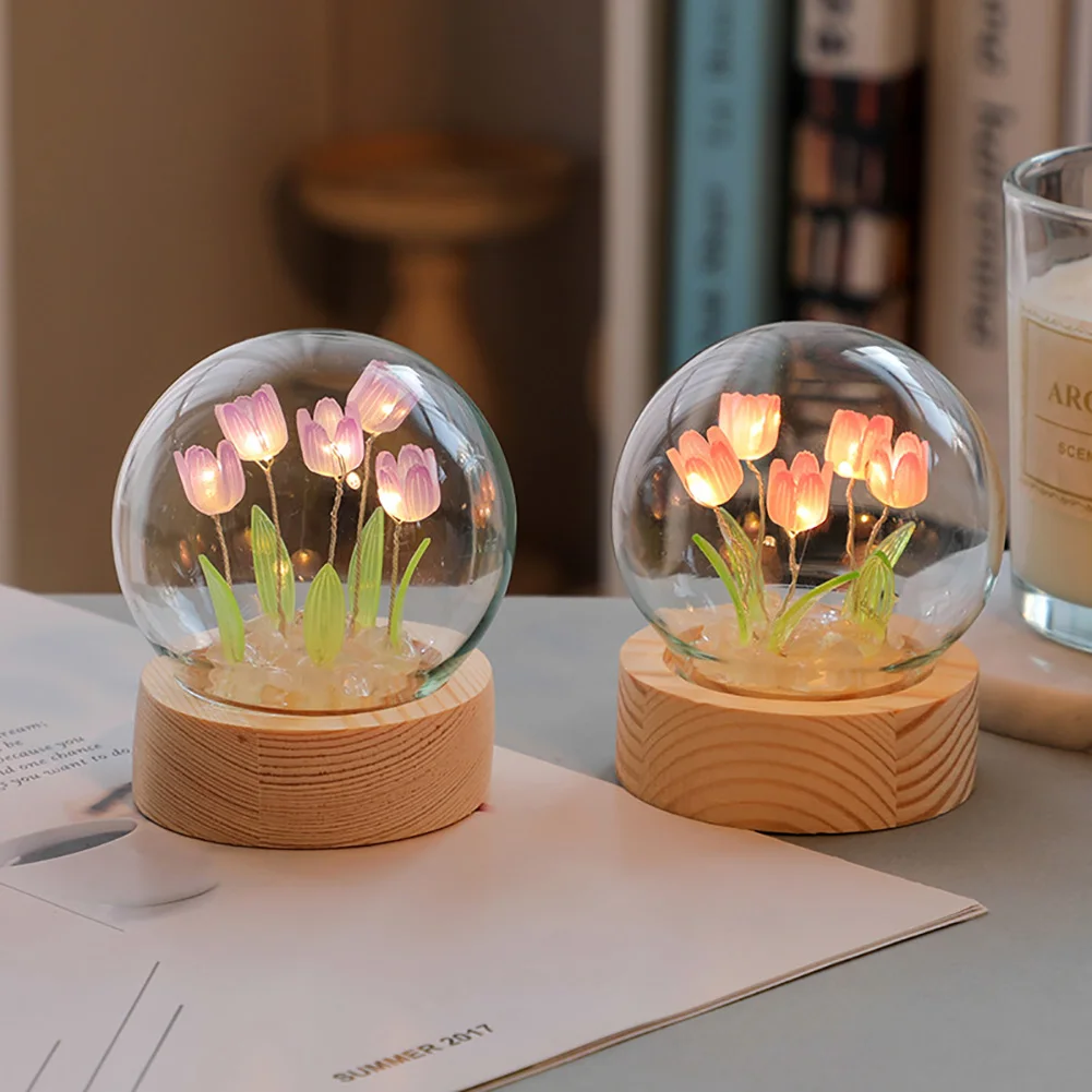 Tulip Flower Night Light With Glass Cover Handmade DIY Bedside Light LED Night Lamp Table Desk Lamp Bedroom Decor USB Mood Light