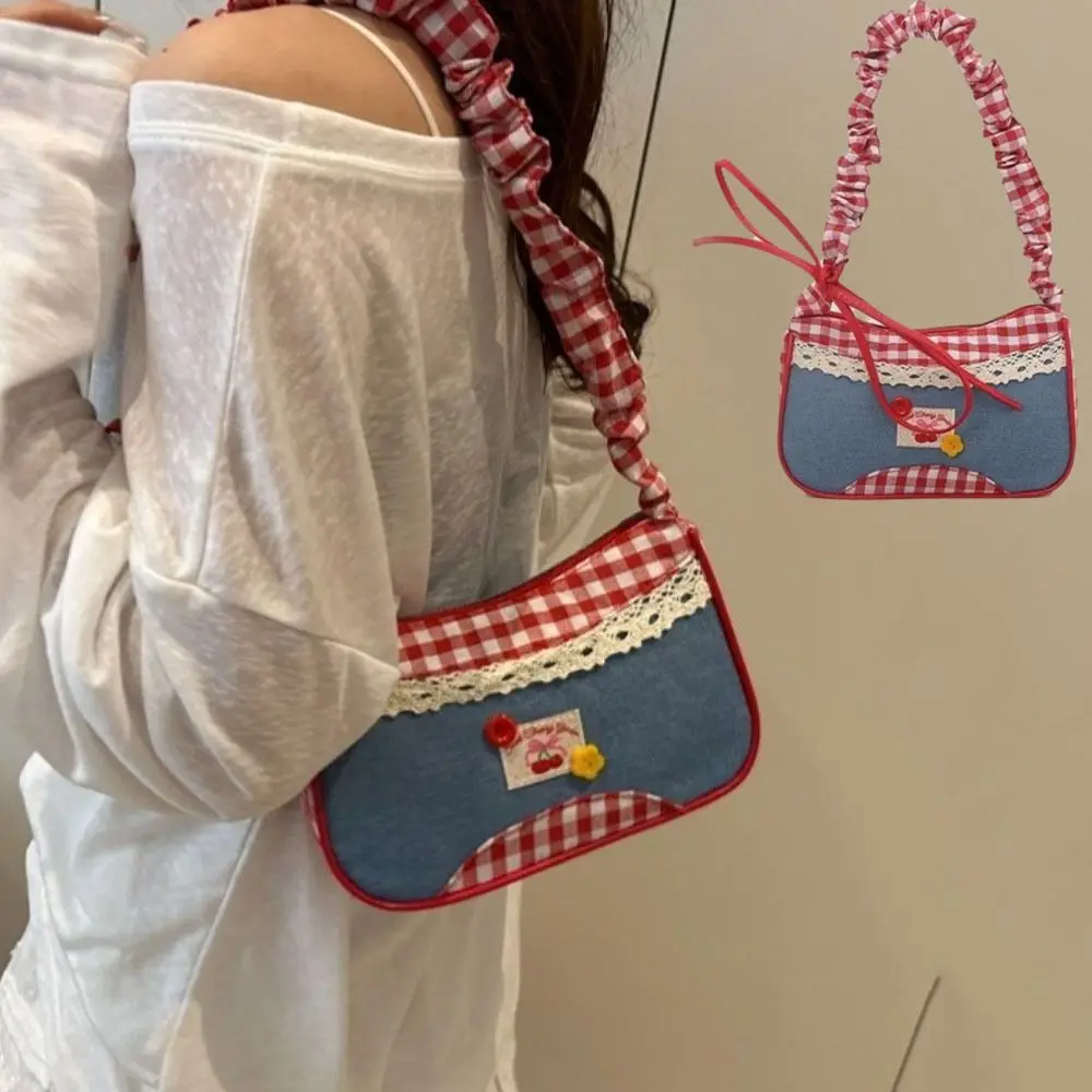 

Portable Rural Style Lattice Shoulder Bag Plaid Bow Denim Underarm Bag Commuting Drawstring Crossbody Bag Students