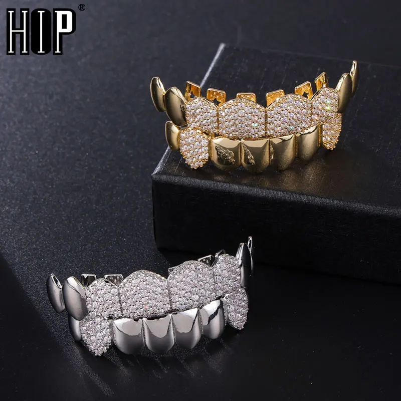 Hip Hop CZ Stones Teeth Grillz Caps Cubic Zircon Iced Out Micro Pave Top&Bottom Charm Grills For Men Women Jewelry