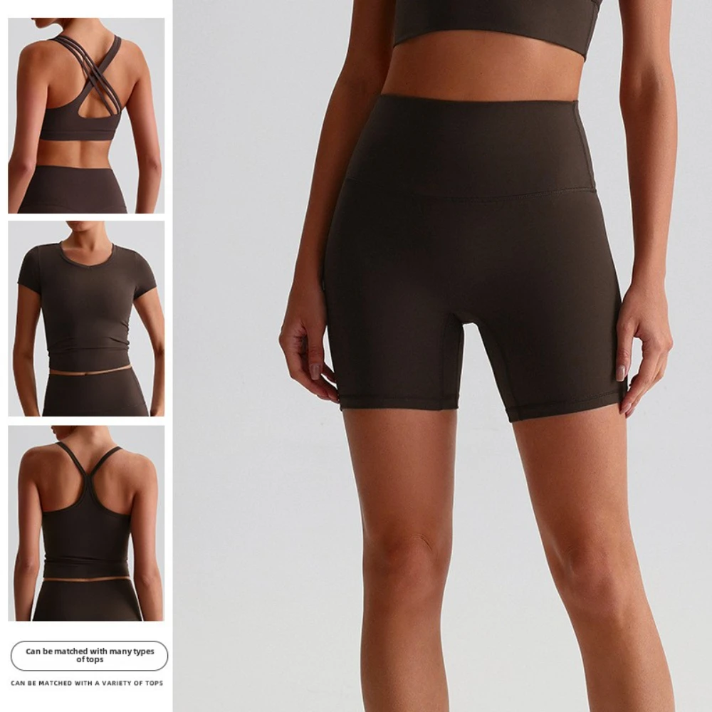 

2025 Spring Summer Women's Double Brushed Nude-Like High-Waist Compression Yoga Shorts Quick-Dry Workout Running Fitness