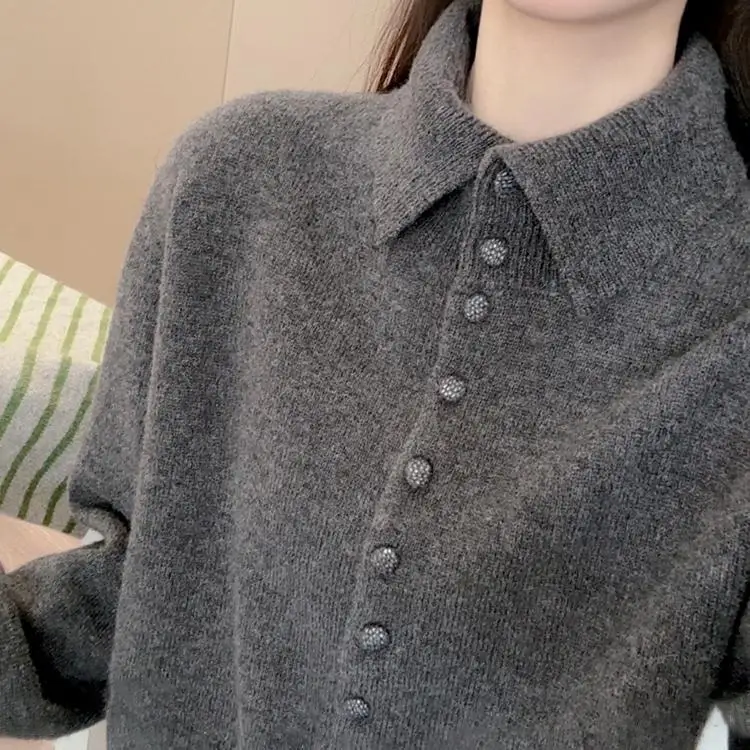 

Women's New High-end Gray Polo Collar Sweater for Women's Fashion Winter 2025 New Thick Warm Knit Sweater Solid Color Versatile
