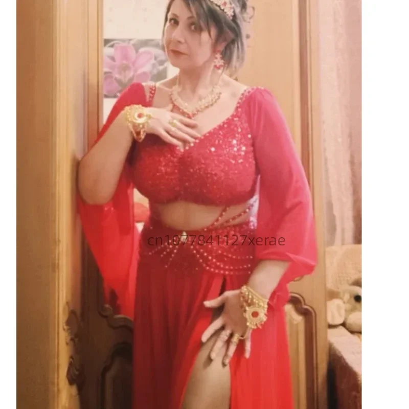 Nouveaux Costumes de danse du ventre, uniformes de classe de danse d'entraînement en maille pailletée, ensembles de danse du ventre haut et jupe, jupes à Double fente