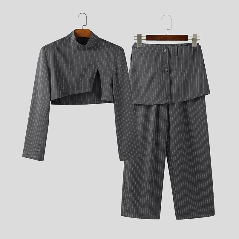 

INCERUN мужские комплекты, полосатый укороченный пиджак с длинными рукавами и брюки нестандартной формы, комплекты из двух предметов, уличная одежда, модные мужские повседневные костюмы 2025, модные мужские костюмы