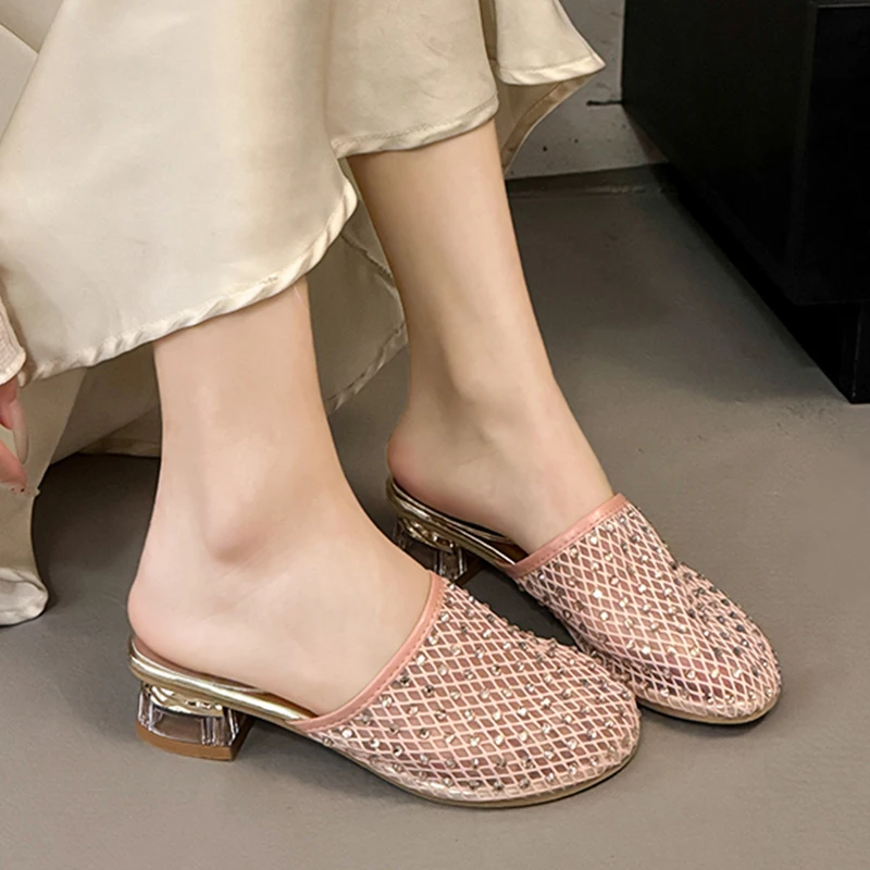 

Women Mesh Slippers Crystal High Heels Sandals Chunky Mules Shoes Summer 2026 Luxury New Pumps Dress Elegant Shoes Flip Flops