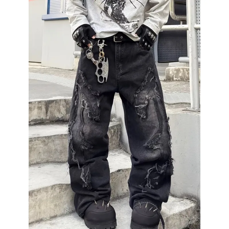 Mens Jeans Harajuku High Street Streetwear Dark Punk Raw Edge Washed Denim Pants Loose Fit Straight Wide Leg Gothic Unisex New
