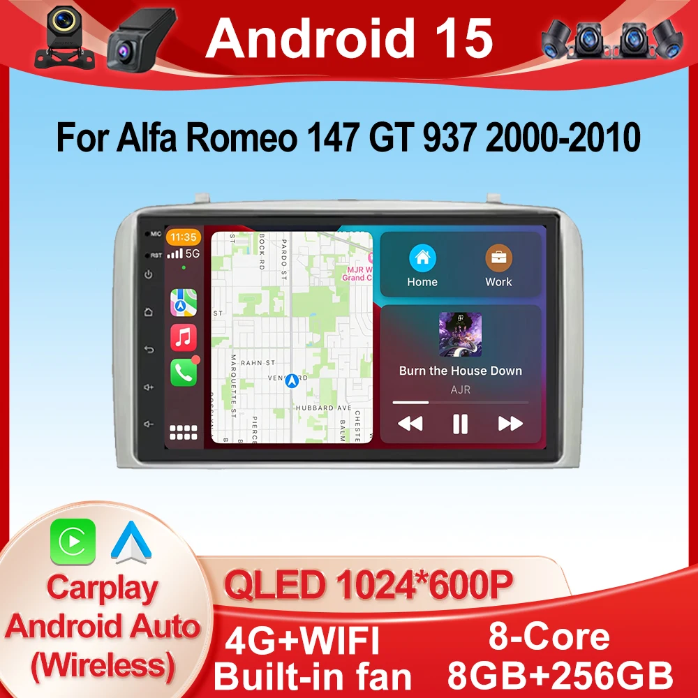 Android 15 Carplay para Alfa Romeo 147 GT 937 2000-2010 navegación GPS vídeo Radio de coche GPS automotriz Multimedia Monitor de coche DVD