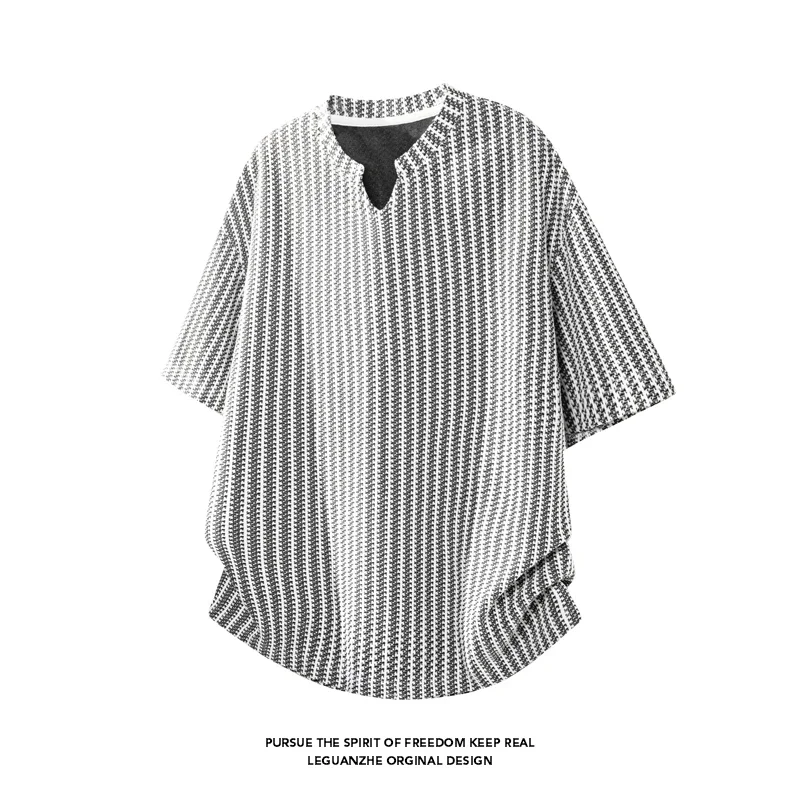 Male Notched V Neck Short Sleeve Casual Top Striped Textured Knit Material Loose Silhouette For Outdoor Daily Dressing