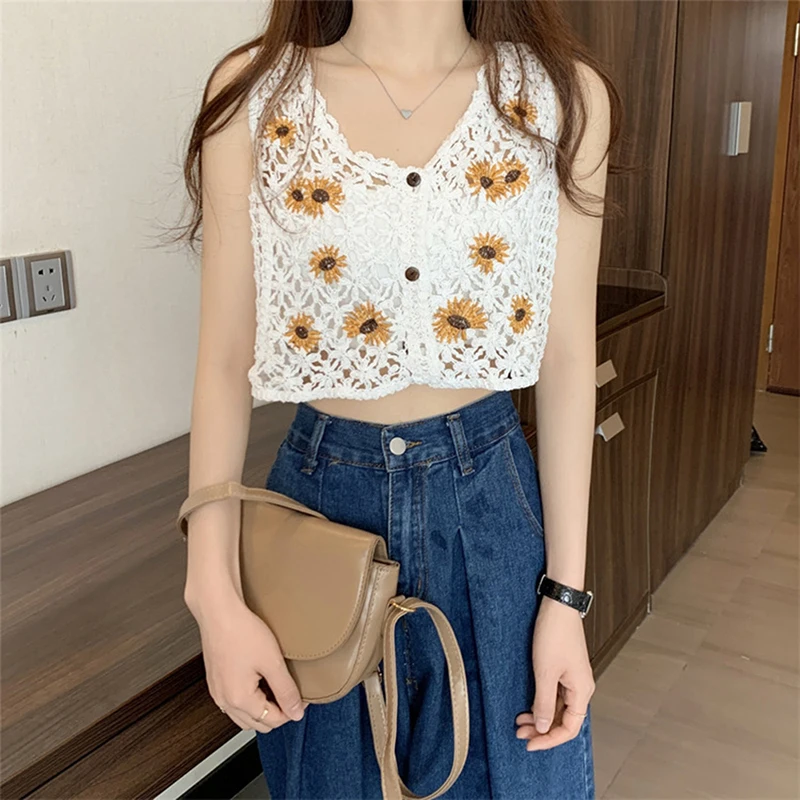 Women Knitted Hollow Out Embroidery Tank Top Summer Ethnic Style Retro Camisole