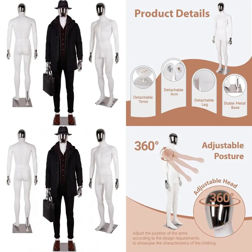 

Регулируемая подставка для манекена в полный рост с металлическим основанием для демонстрации одежды, белая и серебристая