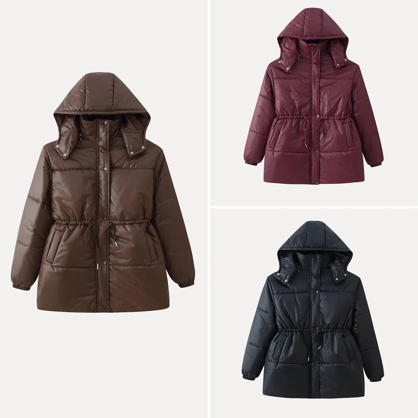2025 Winter New Women's Faion Personali Simple Hooded Waist-Cinching Zipper Loose Outerwear Commute Sle Long Sve Coat