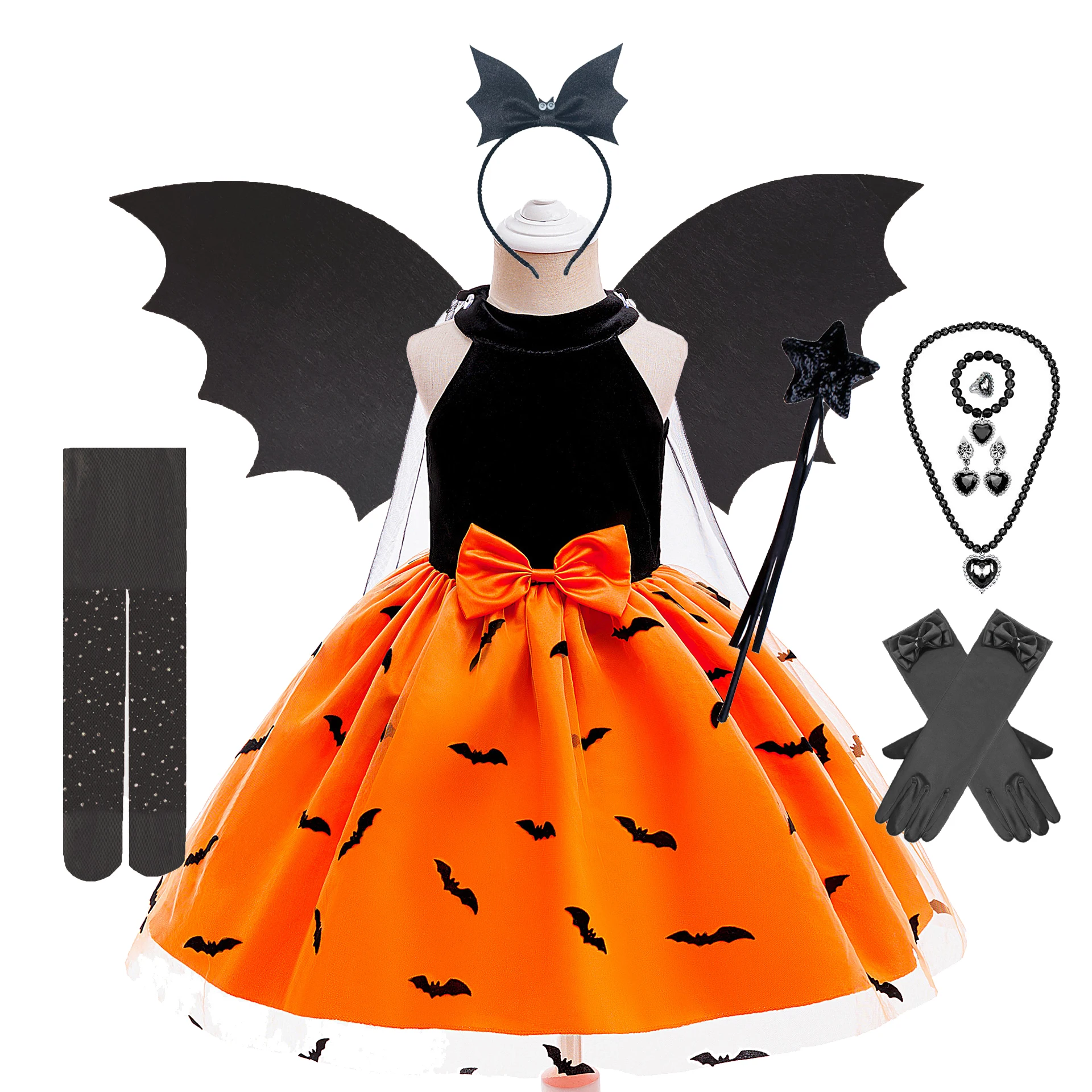 Girls Halloween Bat Costumes Girls Carnival Wicked Witch Coslpya Dress Children Vampire Demon Themed Black Dress Hallween Orange