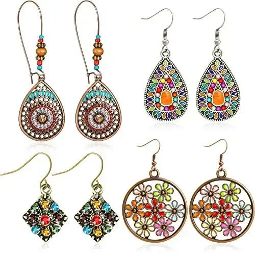 

4 Pairs of Vintage Alloy Pendant Round Flower Drop Earrings Teardrop Shaped Square Diamond Drop Earrings for Women Jewelry Gift